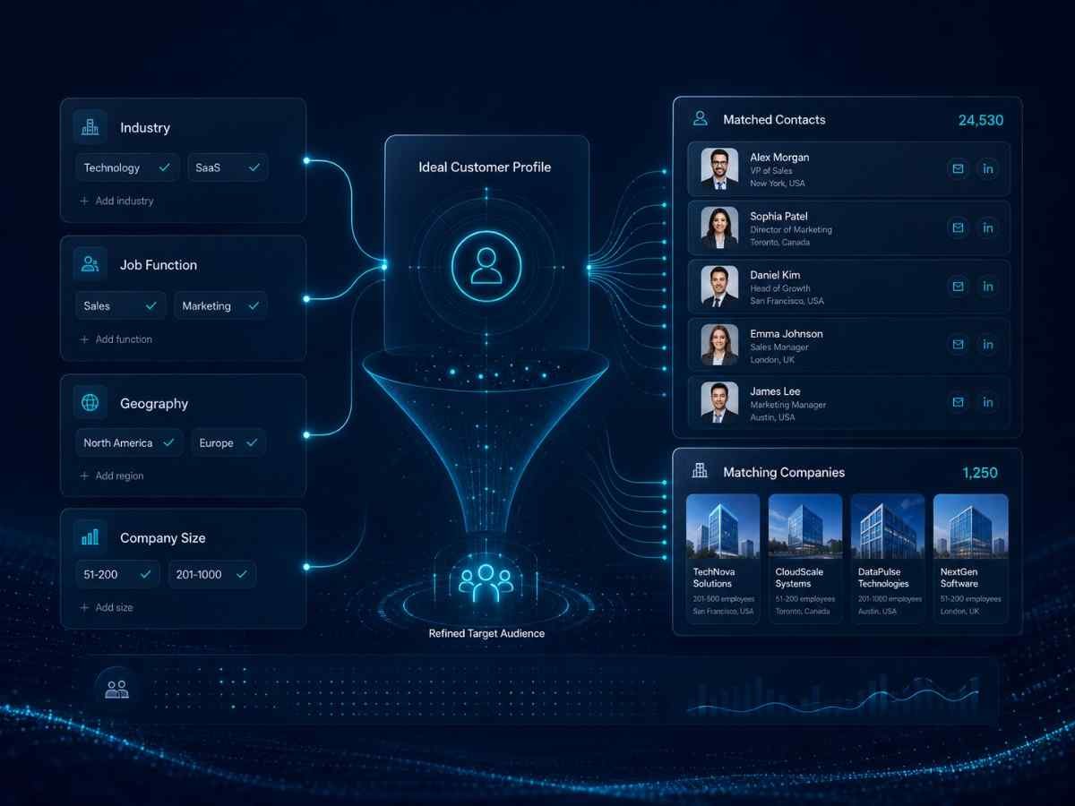 B2B audience targeting dashboard showing industry, job function, geography and company size filters