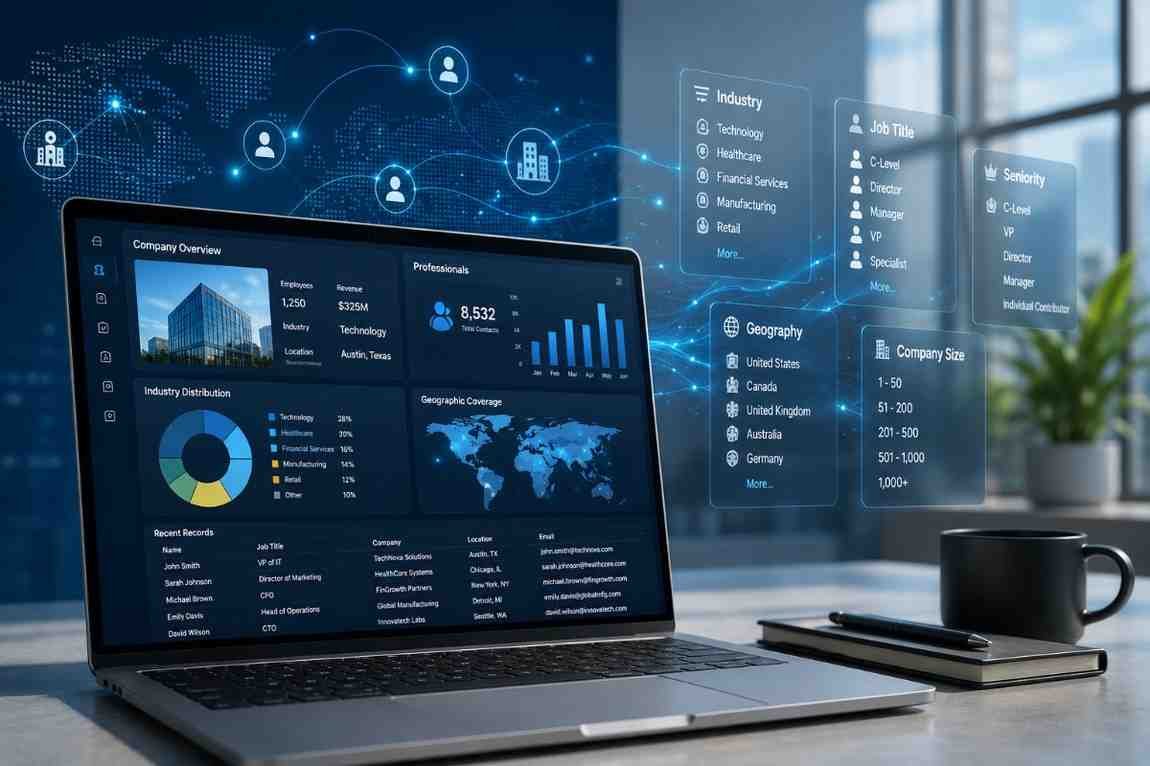 Data Fox B2B data dashboard showing company records, professional contacts, geographic targeting and business data insights