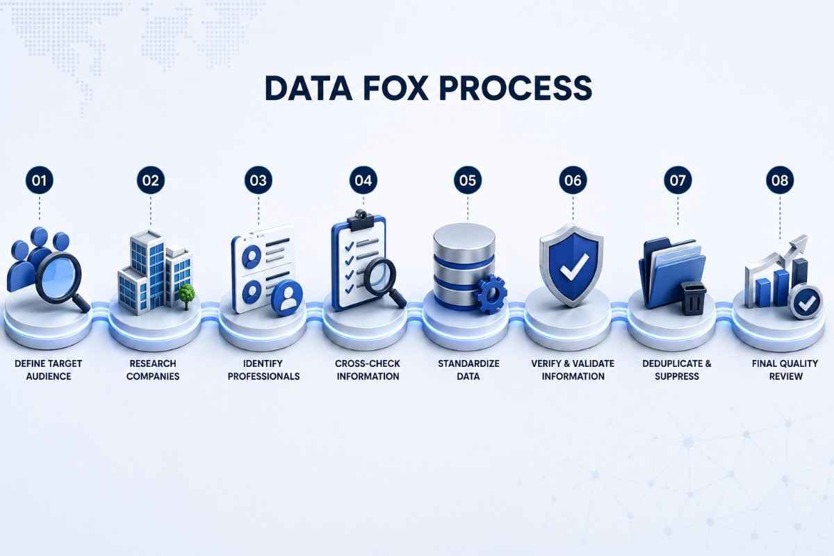 Data Fox B2B data preparation process showing audience research, company identification, professional verification, deduplication and quality review