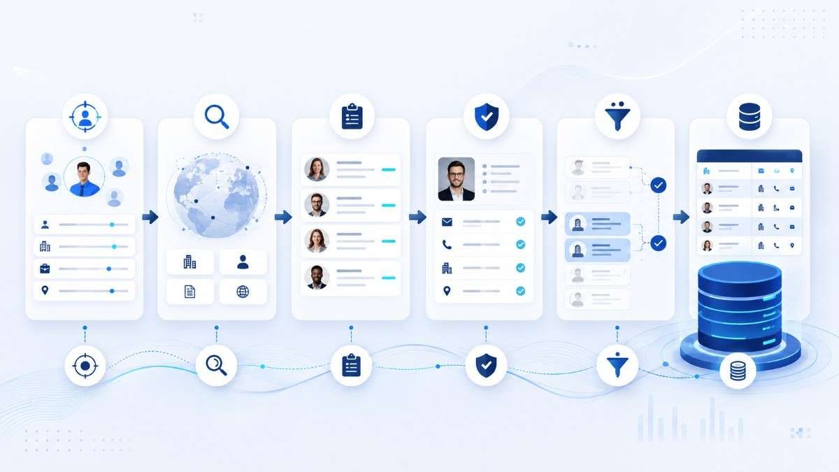 Data Fox B2B data workflow showing audience targeting, research, verification, filtering and database delivery