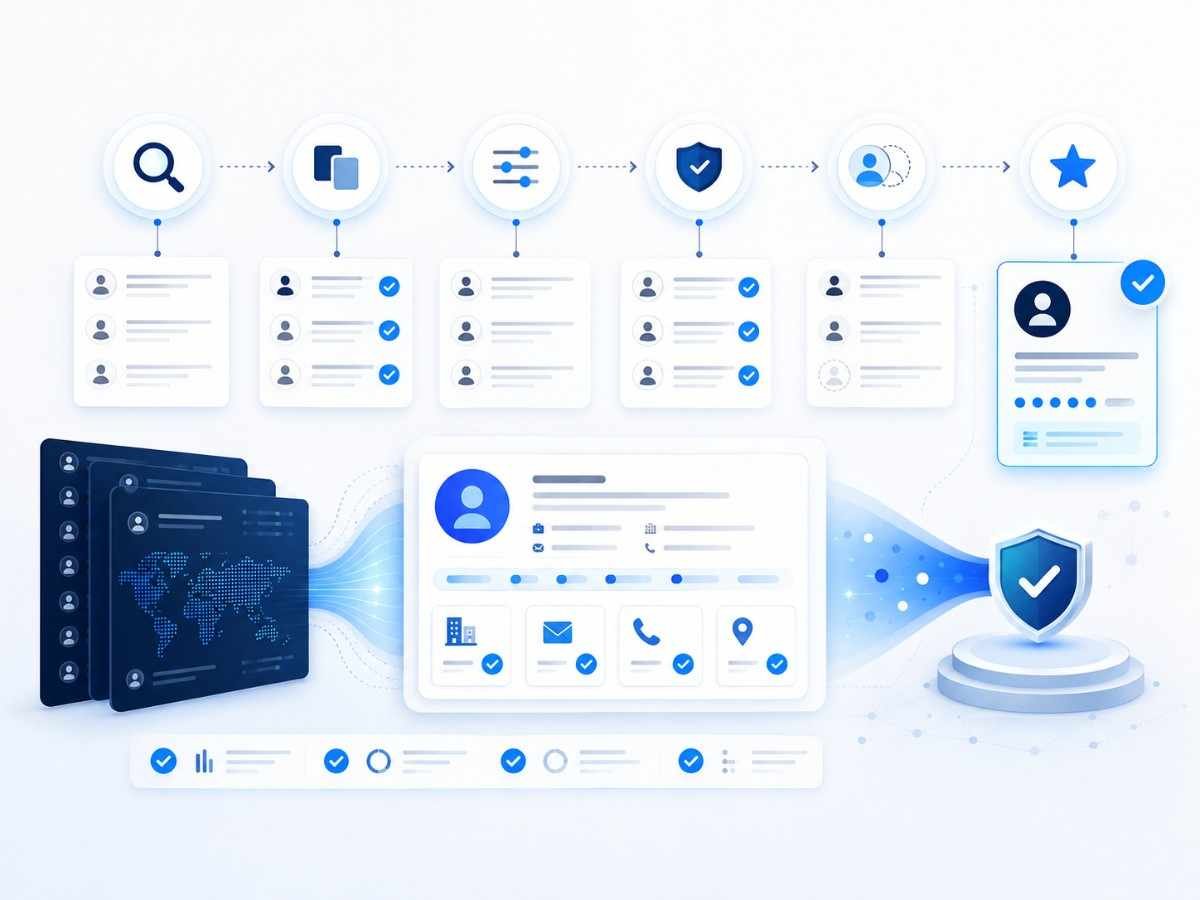 Data Fox data quality verification process showing research, filtering, review, validation and verified business contact records