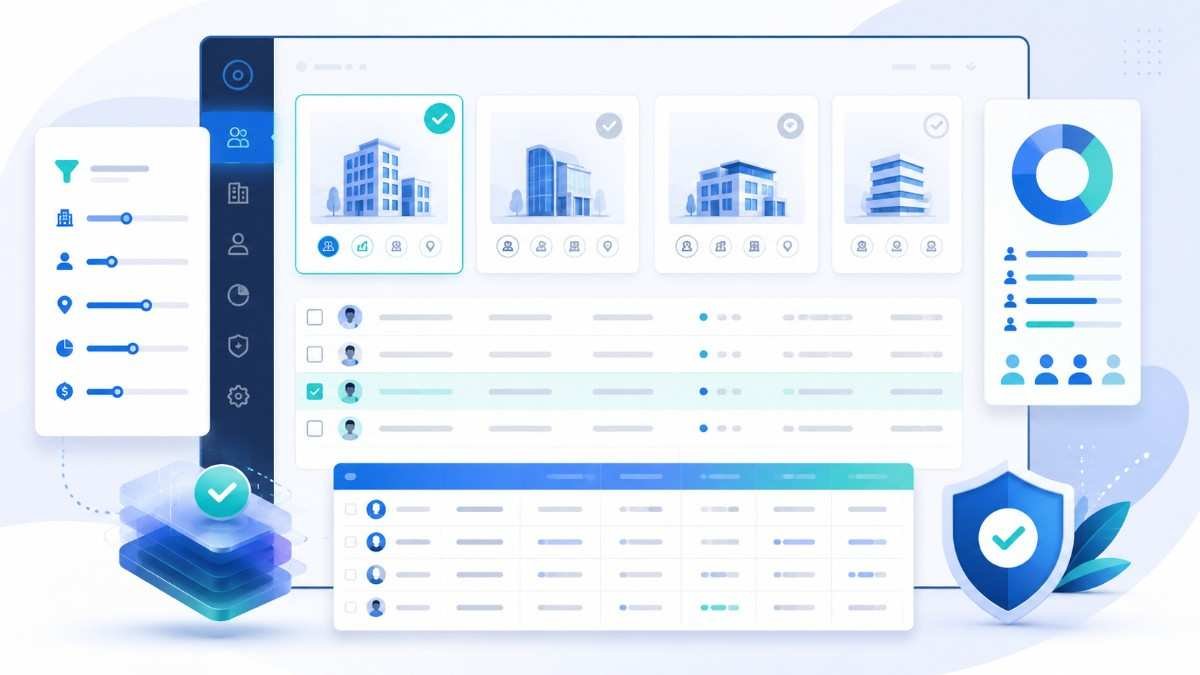 Data Fox B2B data evaluation dashboard showing company filtering, professional records, audience selection and verification before ordering