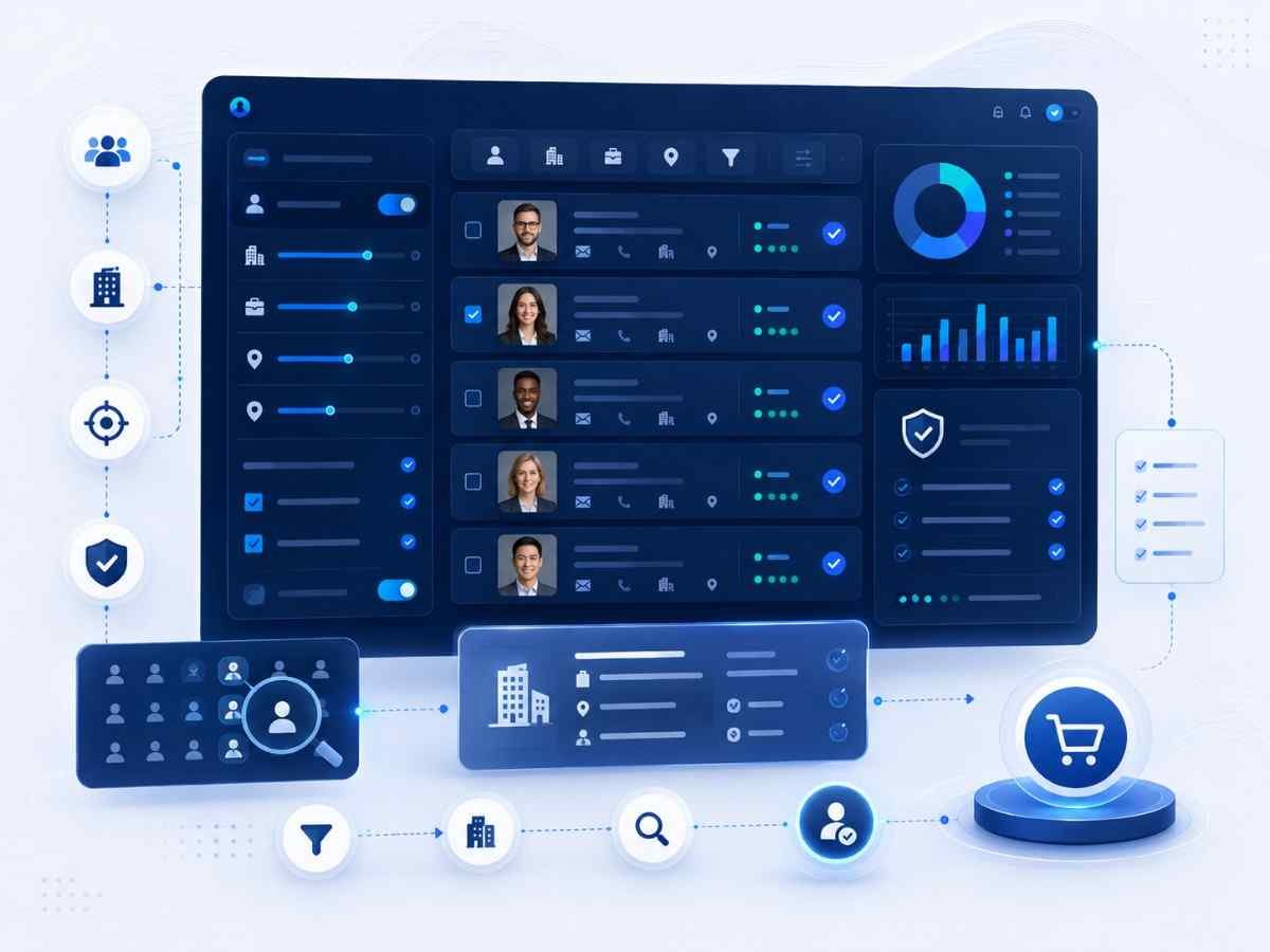 Data Fox B2B data sample review dashboard showing audience filtering, contact records, company selection and evaluation before ordering
