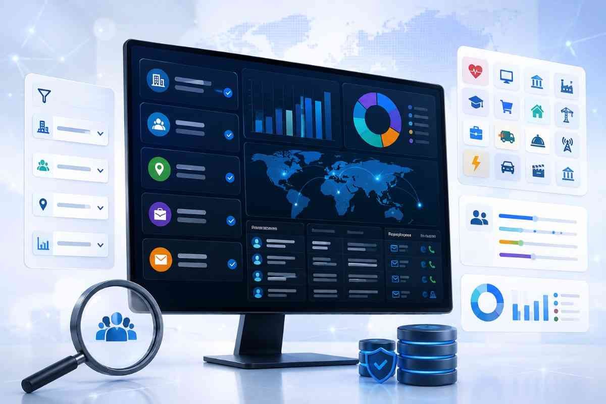 Data Fox industry data evaluation dashboard showing audience filters, sample business records, geographic coverage and verification checks