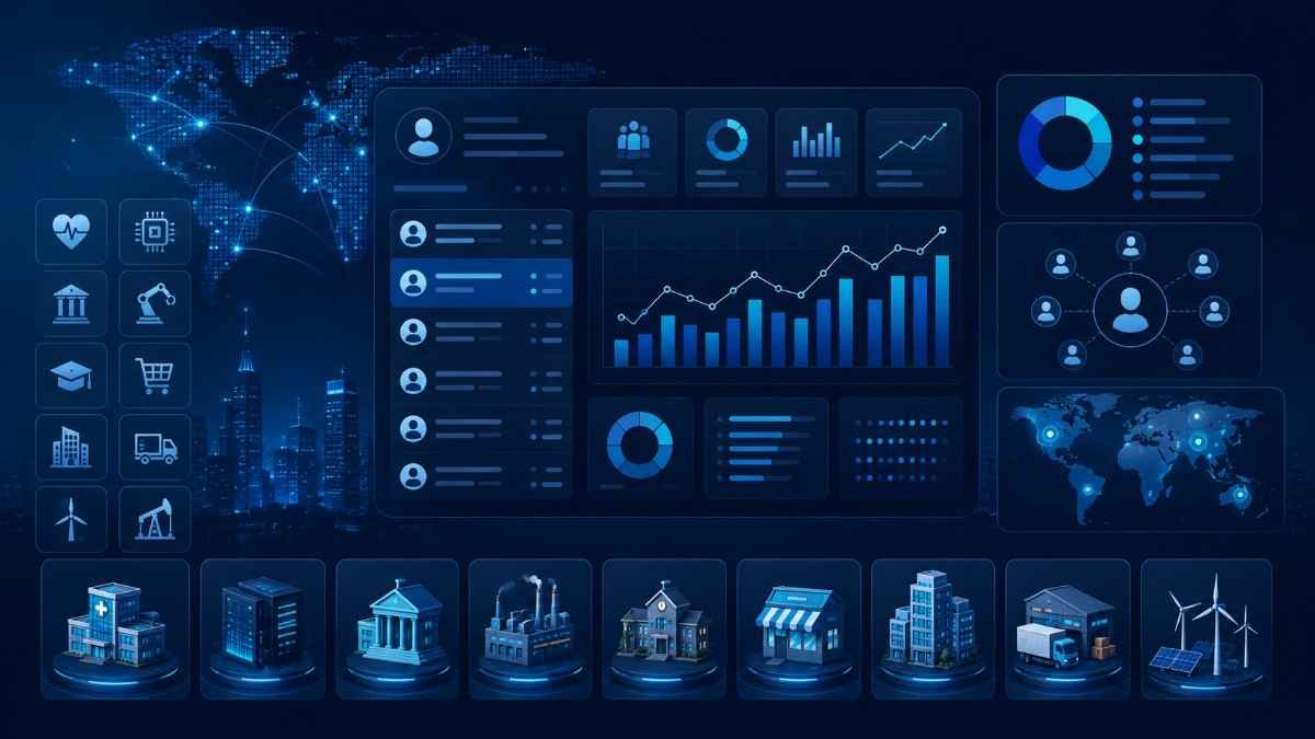 Data Fox industry data dashboard showing business sectors, professional contacts, geographic coverage and company targeting