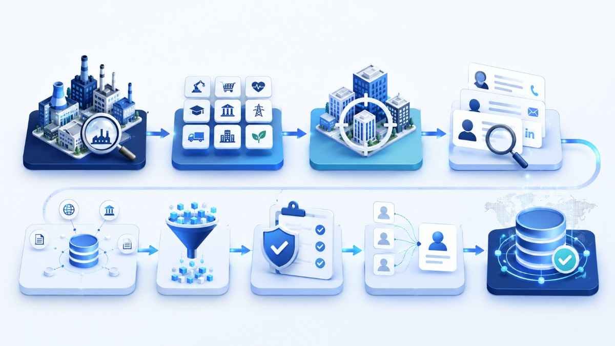 Data Fox industry data preparation process showing company research, sector classification, professional identification, verification, filtering and final database review